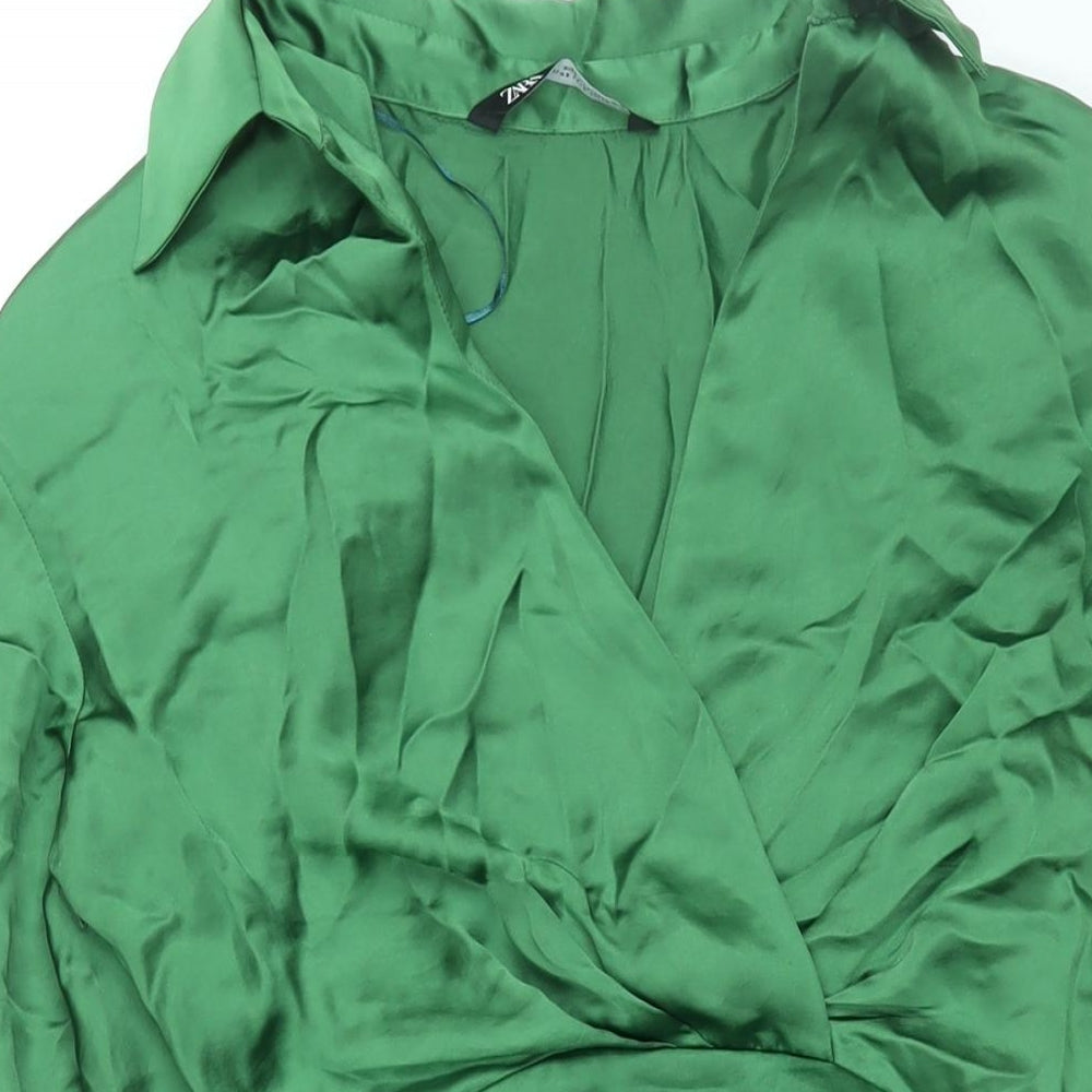Zara Womens Green Polyester Shirt Dress Size S Collared Zip - Rouched Button