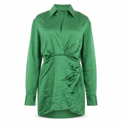 Zara Womens Green Polyester Shirt Dress Size M Collared Zip - Rouched Button
