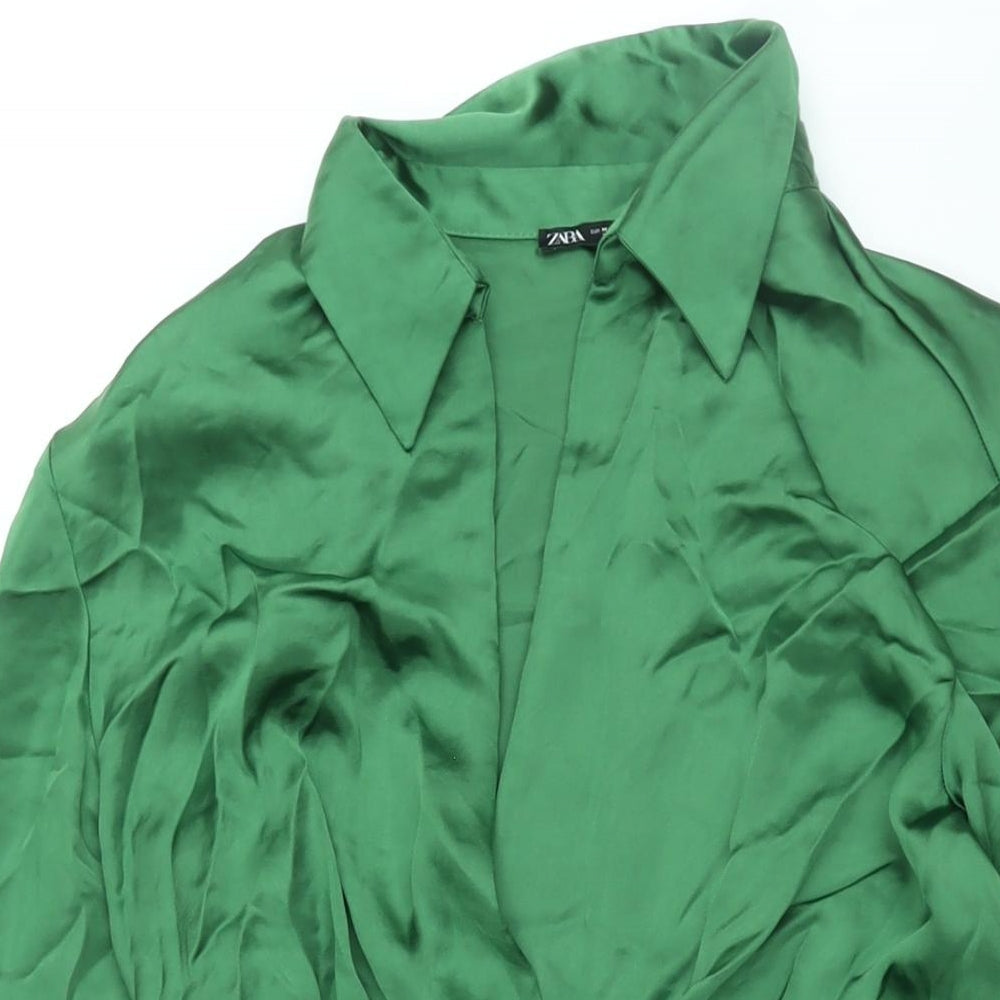 Zara Womens Green Polyester Shirt Dress Size M Collared Zip - Rouched Button