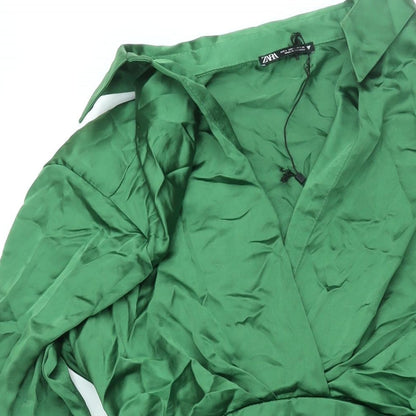 Zara Womens Green Polyester Shirt Dress Size L Collared Zip - Rouched Button