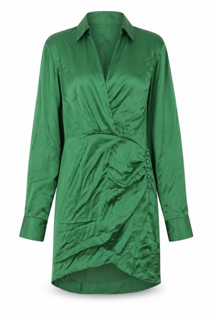 Zara Womens Green Polyester Shirt Dress Size XS Collared Zip - Rouched Button