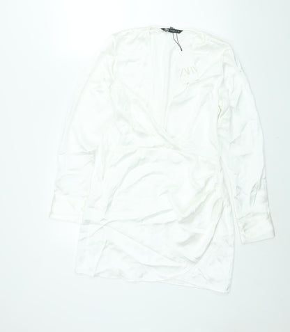 Zara Womens White Polyester Shift Size M V-Neck Zip - Rouched