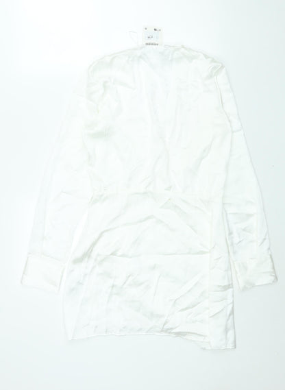 Zara Womens White Polyester Shift Size M V-Neck Zip - Rouched