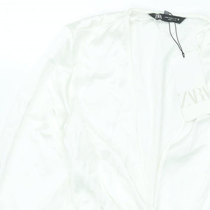 Zara Womens White Polyester Shift Size M V-Neck Zip - Rouched