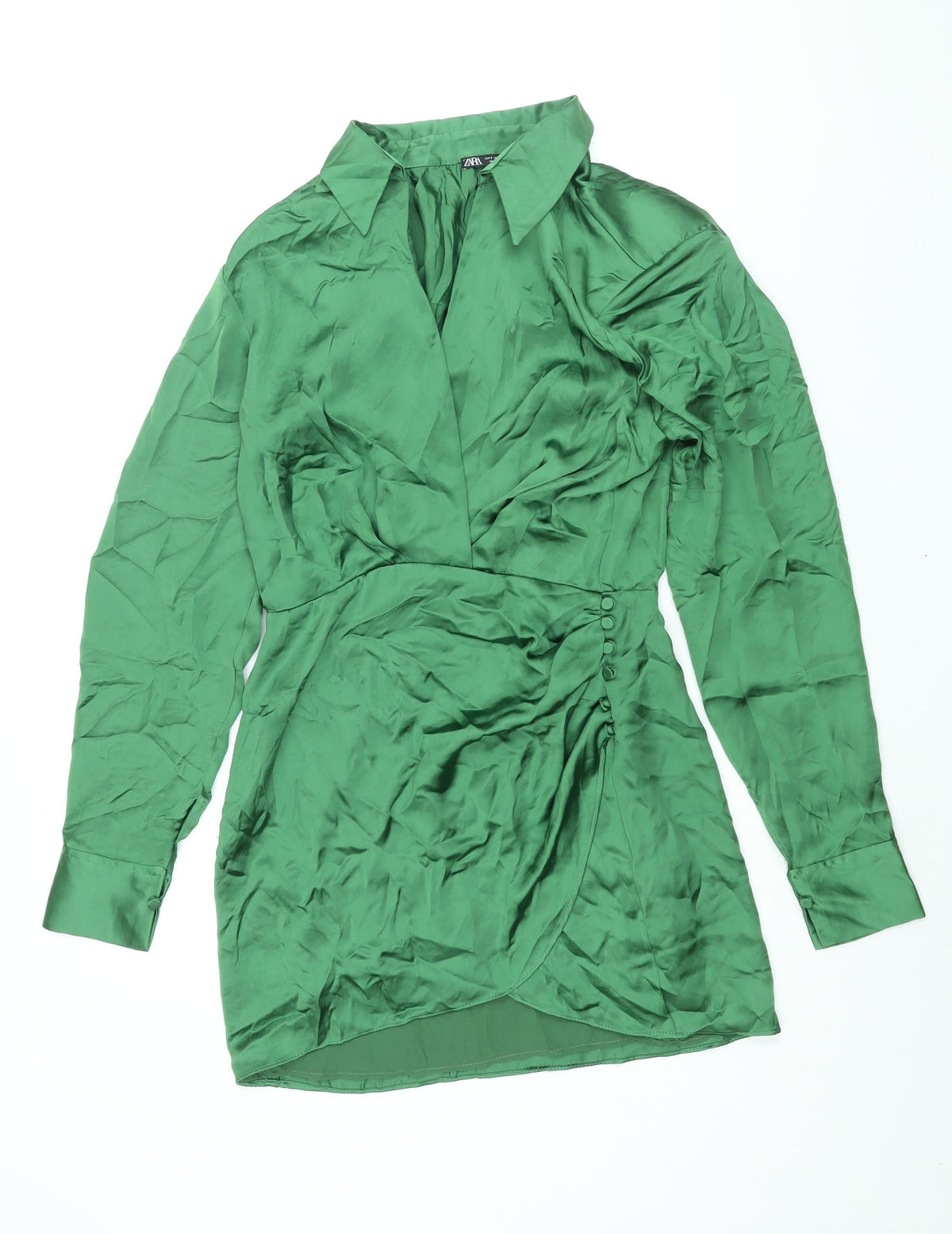 Zara Womens Green Polyester Shirt Dress Size S Collared Zip - Rouched Button