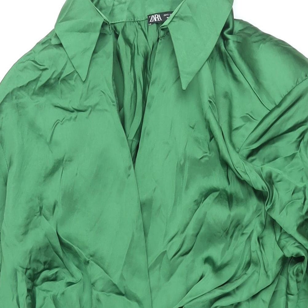 Zara Womens Green Polyester Shirt Dress Size S Collared Zip - Rouched Button