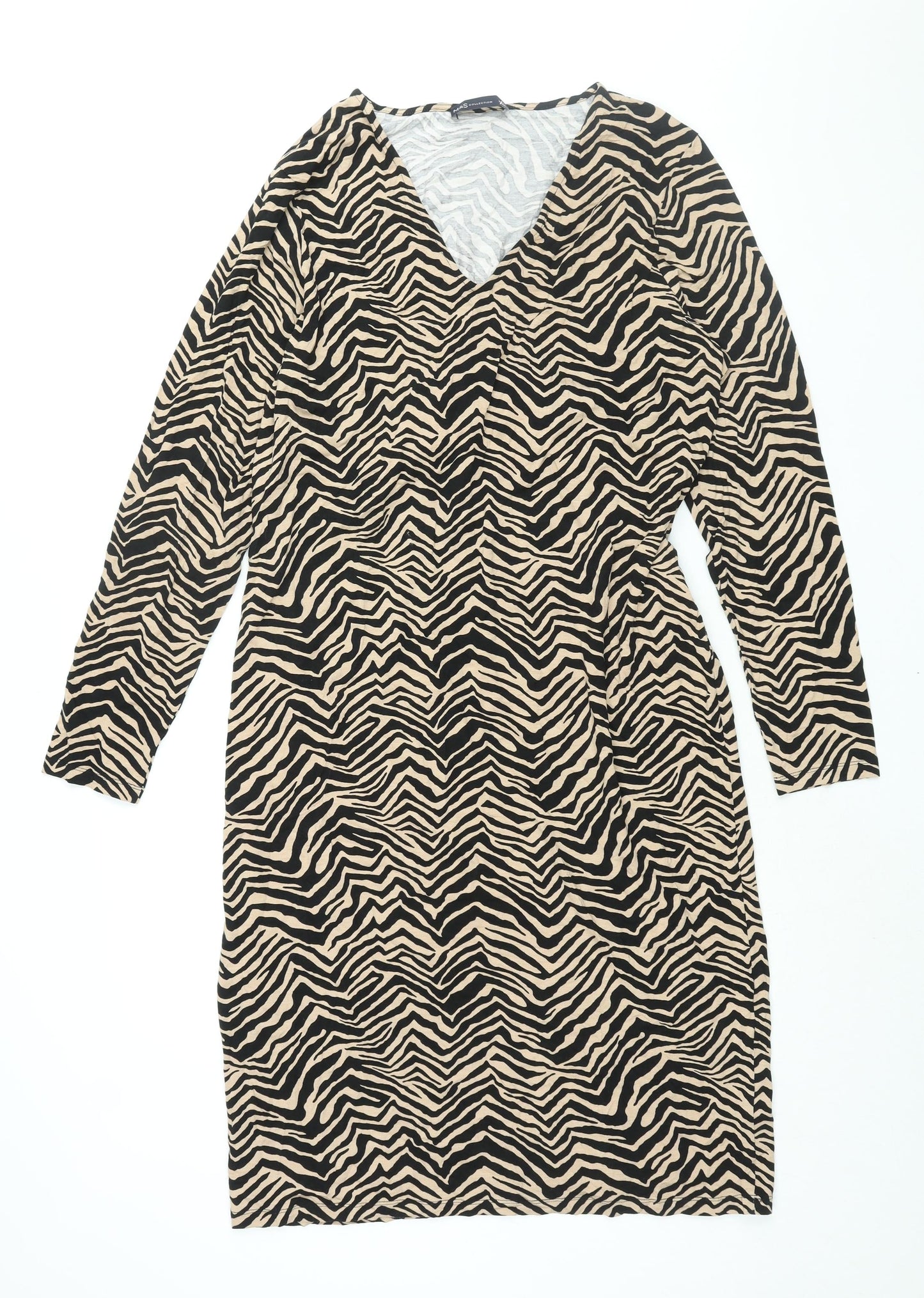 Marks and Spencer Womens Black Geometric Viscose Shift Size 16 V-Neck Pullover - Belted