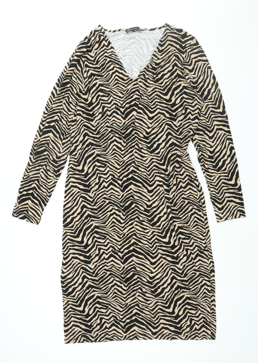 Marks and Spencer Womens Black Geometric Viscose Shift Size 16 V-Neck Pullover - Belted