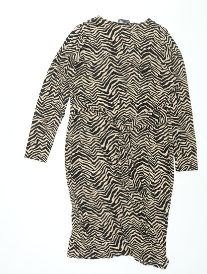 Marks and Spencer Womens Black Geometric Viscose Shift Size 16 V-Neck Pullover - Belted