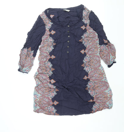 Indigo Womens Blue Modal Shift Size 12 Round Neck Button - Geometric Print