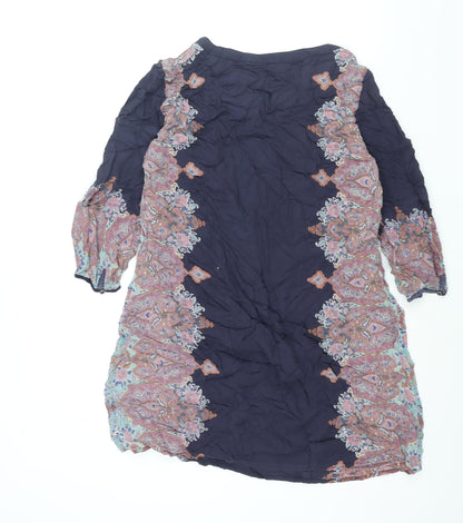 Indigo Womens Blue Modal Shift Size 12 Round Neck Button - Geometric Print