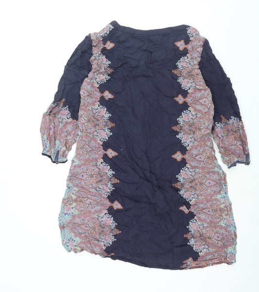 Indigo Womens Blue Modal Shift Size 12 Round Neck Button - Geometric Print