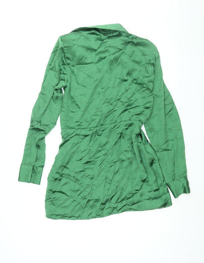 Zara Womens Green Polyester Shirt Dress Size M Collared Zip - Rouched Button