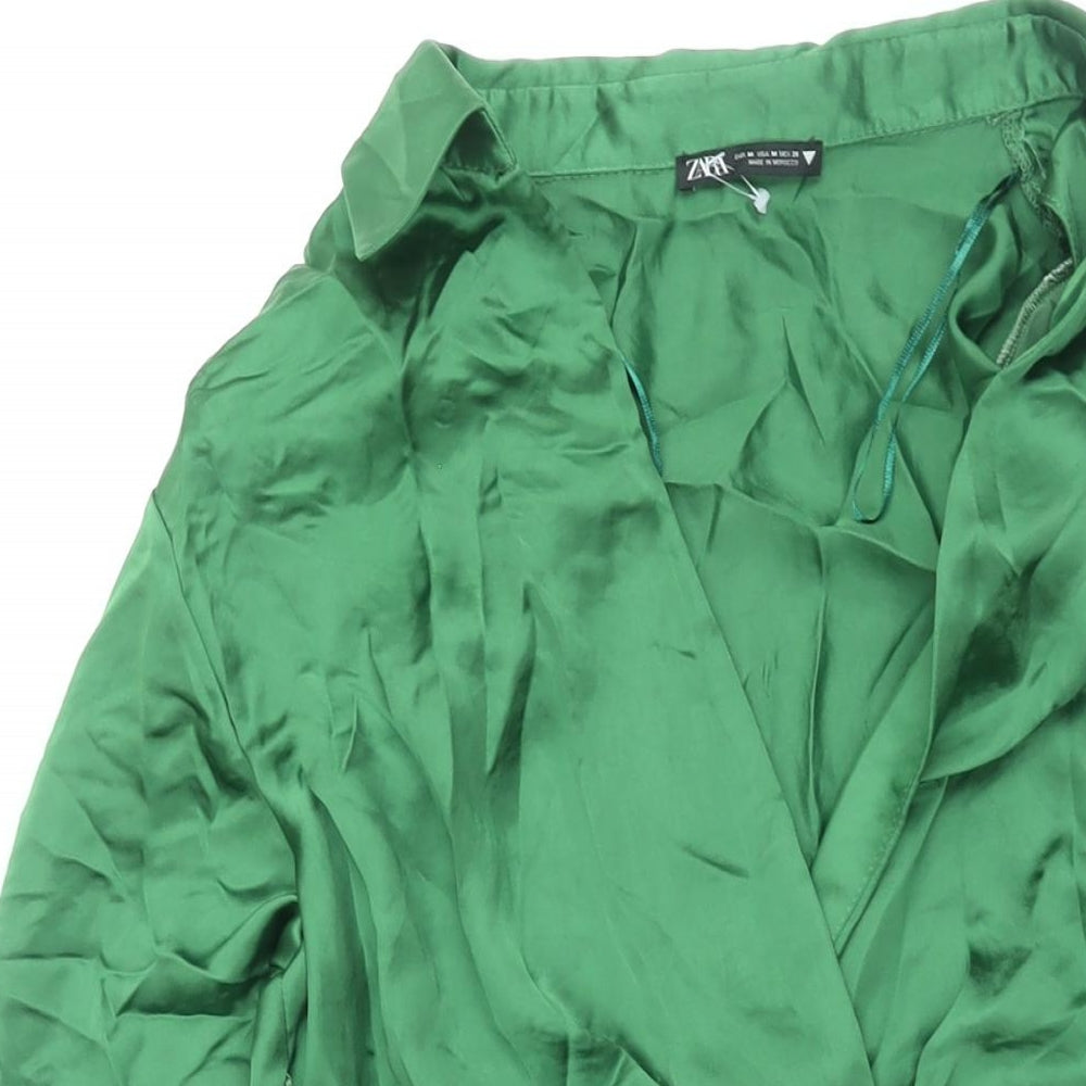 Zara Womens Green Polyester Shirt Dress Size M Collared Zip - Rouched Button