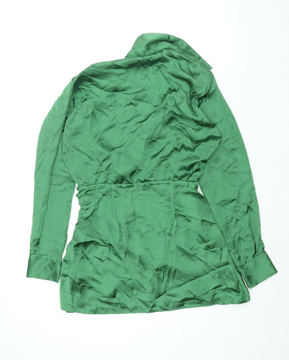 Zara Womens Green Polyester Shirt Dress Size M Collared Zip - Button Rouched