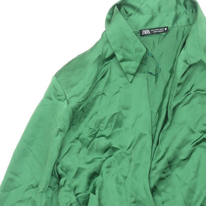 Zara Womens Green Polyester Shirt Dress Size M Collared Zip - Button Rouched