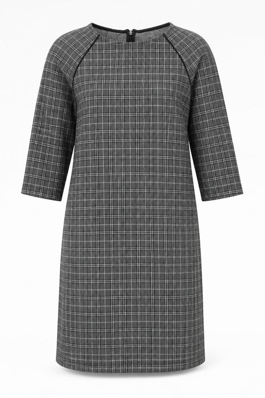 Front view of EDC women’s grey check polyester shift, size M, round neck zip