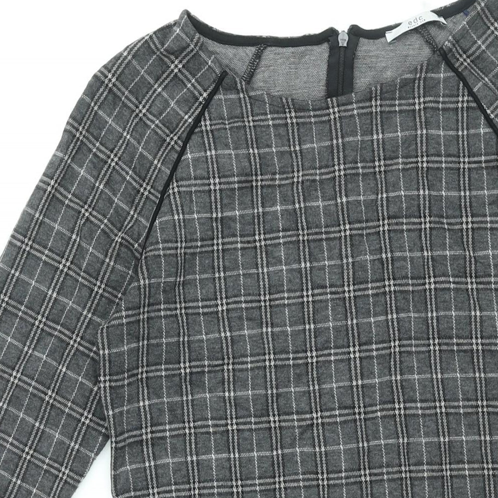 EDC Womens Grey Check Polyester Shift Size M Round Neck Zip