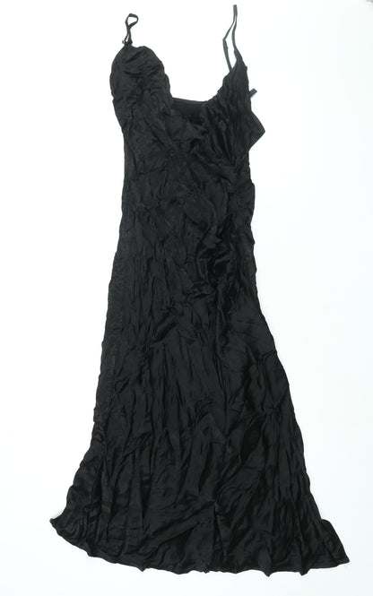 Stradivarius Womens Black Viscose Slip Dress Size L V-Neck Zip - Side Slit