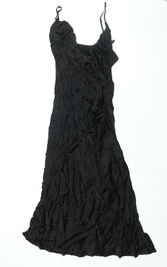 Stradivarius Womens Black Viscose Slip Dress Size L V-Neck Zip - Side Slit