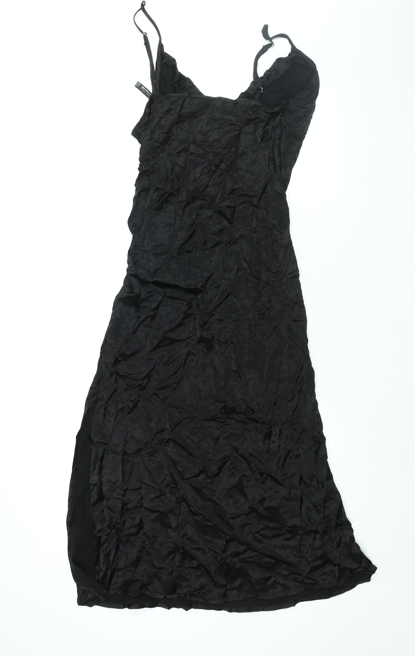 Stradivarius Womens Black Viscose Slip Dress Size L V-Neck Zip - Side Slit
