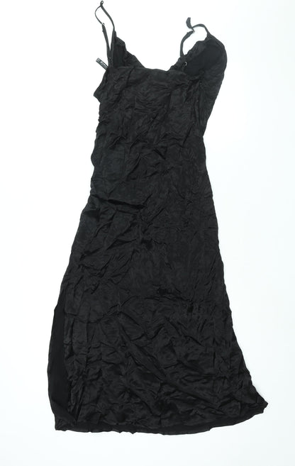 Stradivarius Womens Black Viscose Slip Dress Size L V-Neck Zip - Side Slit