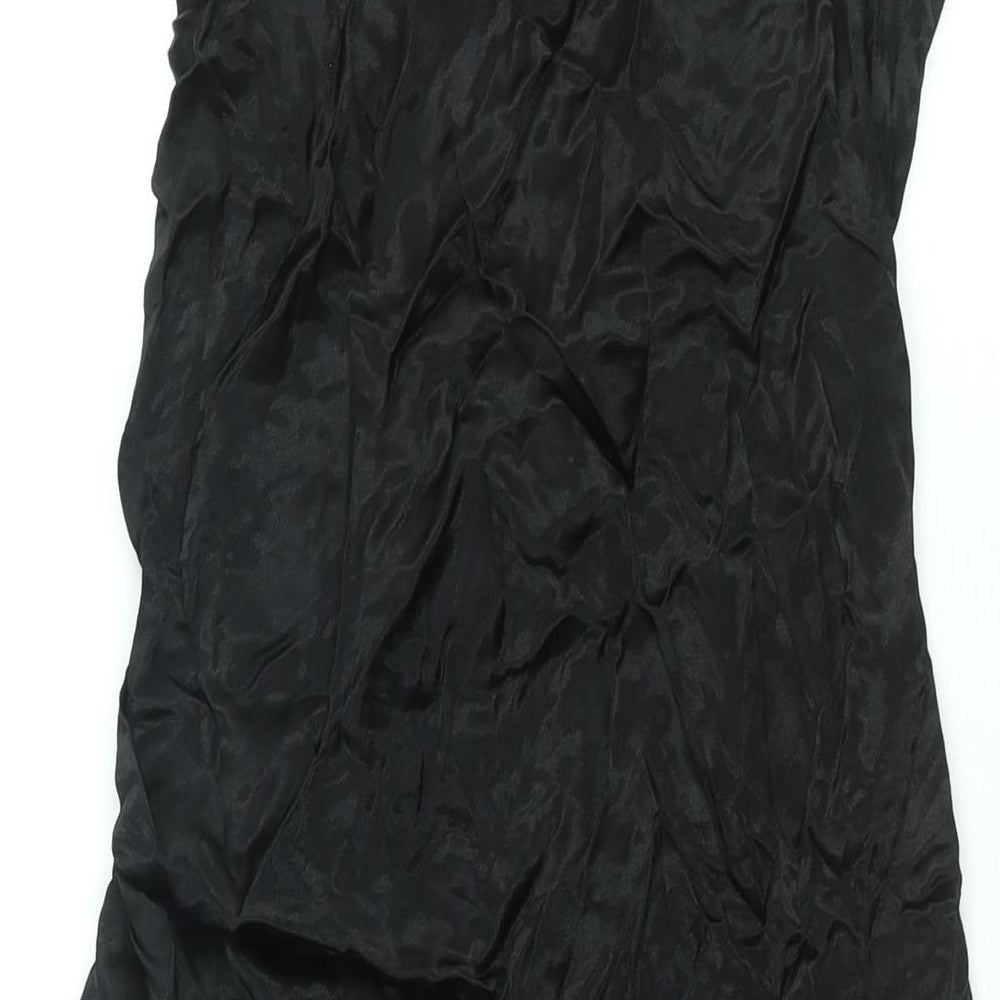 Stradivarius Womens Black Viscose Slip Dress Size L V-Neck Zip - Side Slit