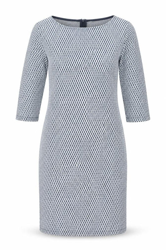 Front view of ESPRIT women’s grey check polyester bodycon, size M, round neck zip
