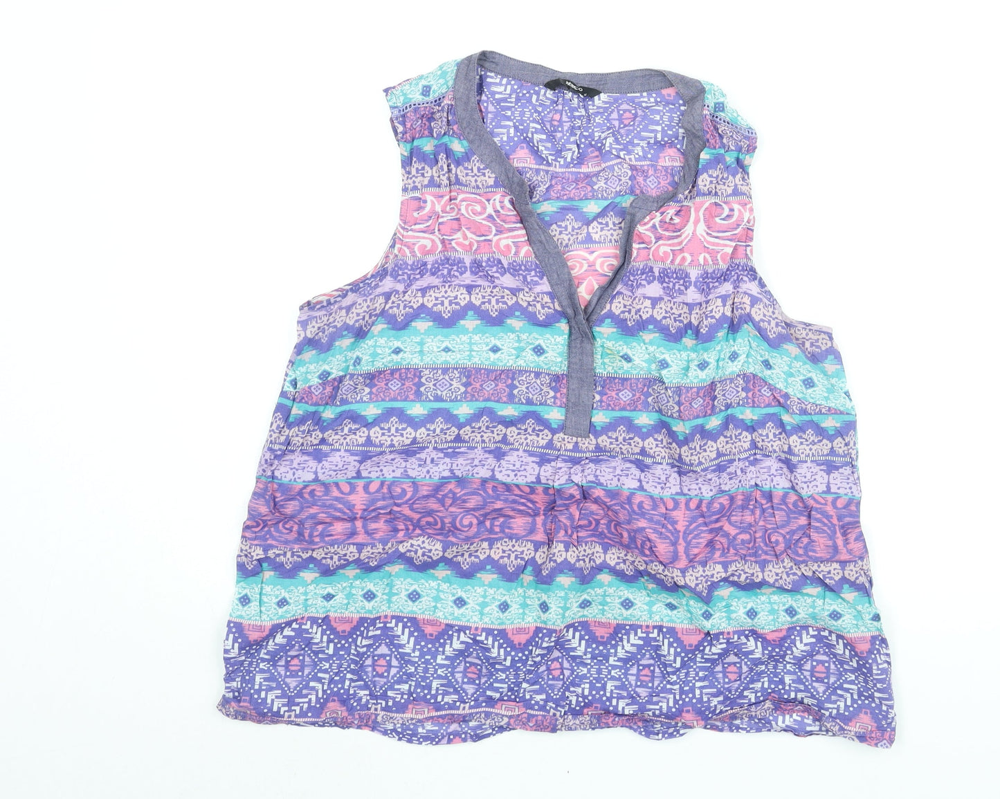 M&Co Womens Purple Geometric Cotton Basic Blouse Size 16 V-Neck