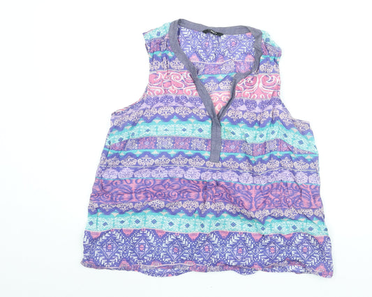 M&Co Womens Purple Geometric Cotton Basic Blouse Size 16 V-Neck