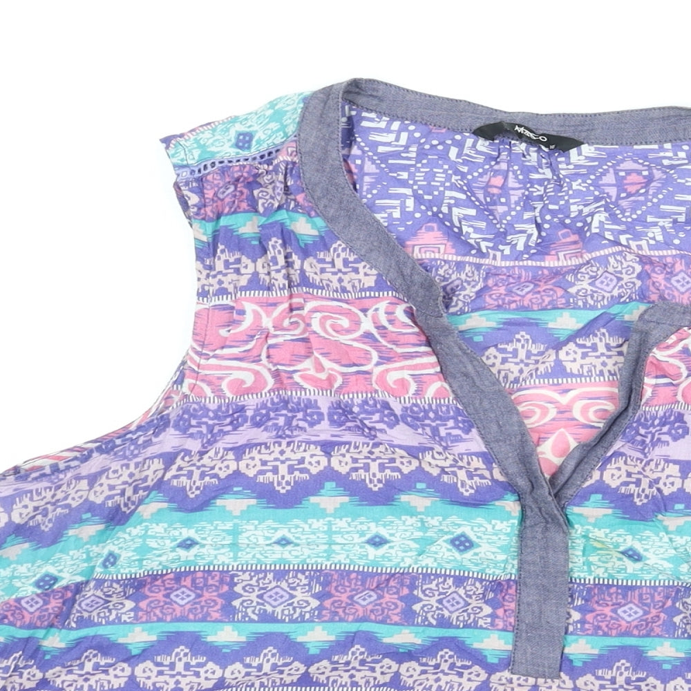 M&Co Womens Purple Geometric Cotton Basic Blouse Size 16 V-Neck