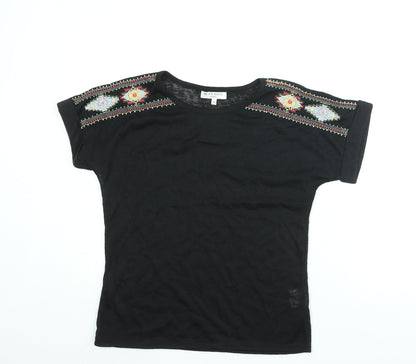 Brave Soul Womens Black Polyester Basic Blouse Size S Round Neck - Embroidered