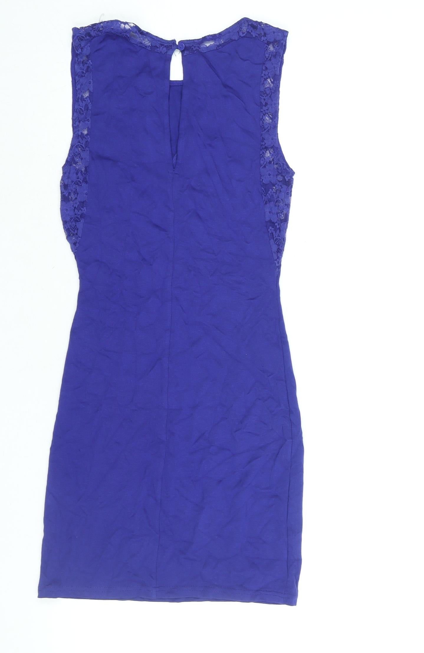 Divided by H&M Womens Blue Viscose Bodycon Size 6 Round Neck Button - Lace Detail