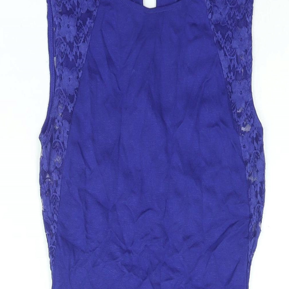 Divided by H&M Womens Blue Viscose Bodycon Size 6 Round Neck Button - Lace Detail