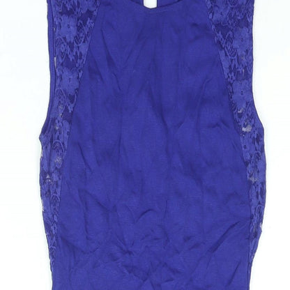 Divided by H&M Womens Blue Viscose Bodycon Size 6 Round Neck Button - Lace Detail