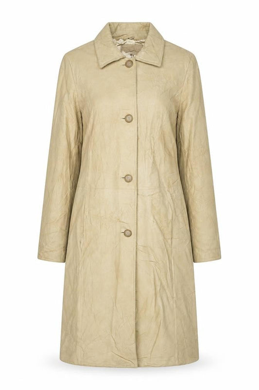 Front view of NuAge women’s beige overcoat coat, size UK 10, button