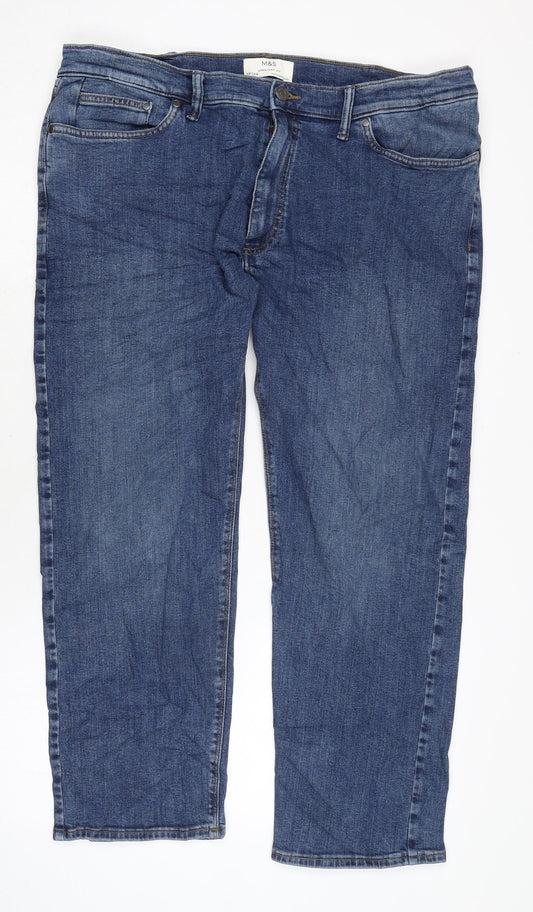 Marks and Spencer Mens Blue Cotton Straight Jeans Size 38 in L28 in Regular Zip