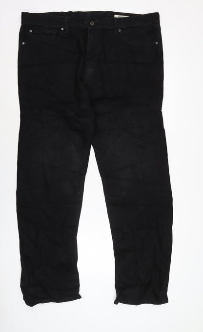 Marks and Spencer Mens Black Cotton Straight Jeans Size 3XL L33 in Regular Zip