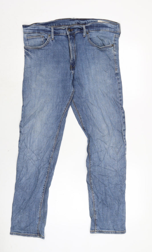 Marks and Spencer Mens Blue Herringbone Cotton Blend Straight Jeans Size 36 in L26 in Regular Zip