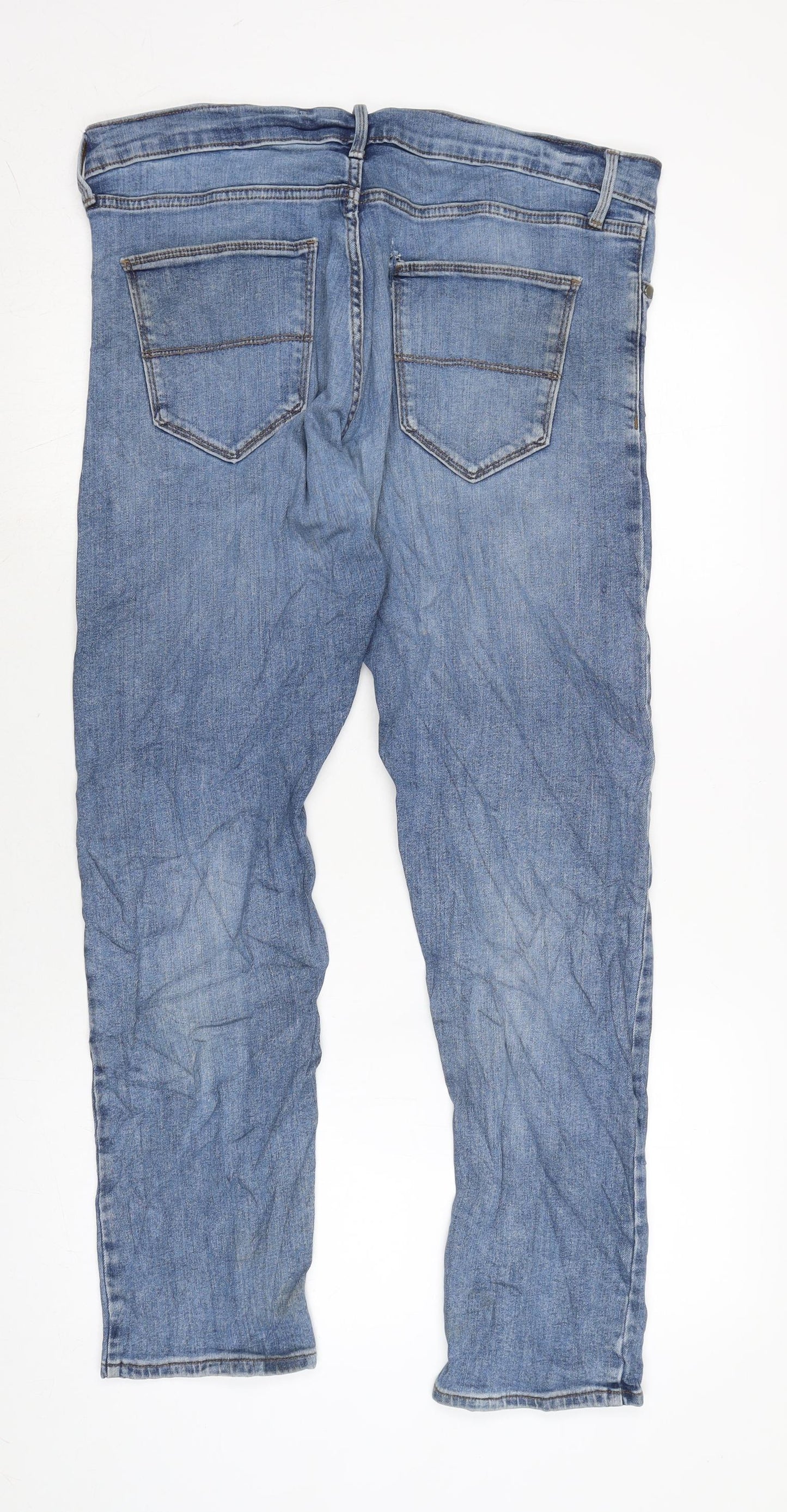 Marks and Spencer Mens Blue Herringbone Cotton Blend Straight Jeans Size 36 in L26 in Regular Zip