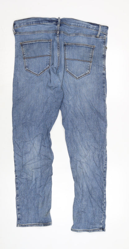 Marks and Spencer Mens Blue Herringbone Cotton Blend Straight Jeans Size 36 in L26 in Regular Zip