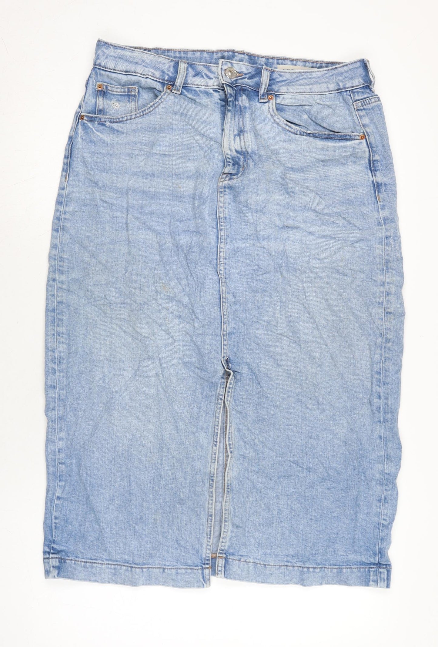 Marks and Spencer Womens Blue Cotton Straight & Pencil Skirt Size 12 Zip