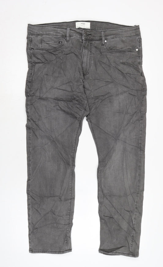 Marks and Spencer Mens Grey Cotton Blend Straight Jeans Size 34 in L29 in Regular Zip