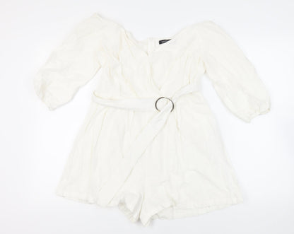 Boohoo Womens White Cotton Playsuit One-Piece Size 12 Zip - Belted