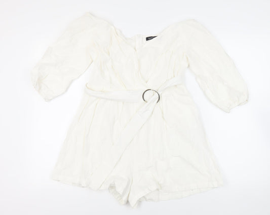 Boohoo Womens White Cotton Playsuit One-Piece Size 12 Zip - Belted