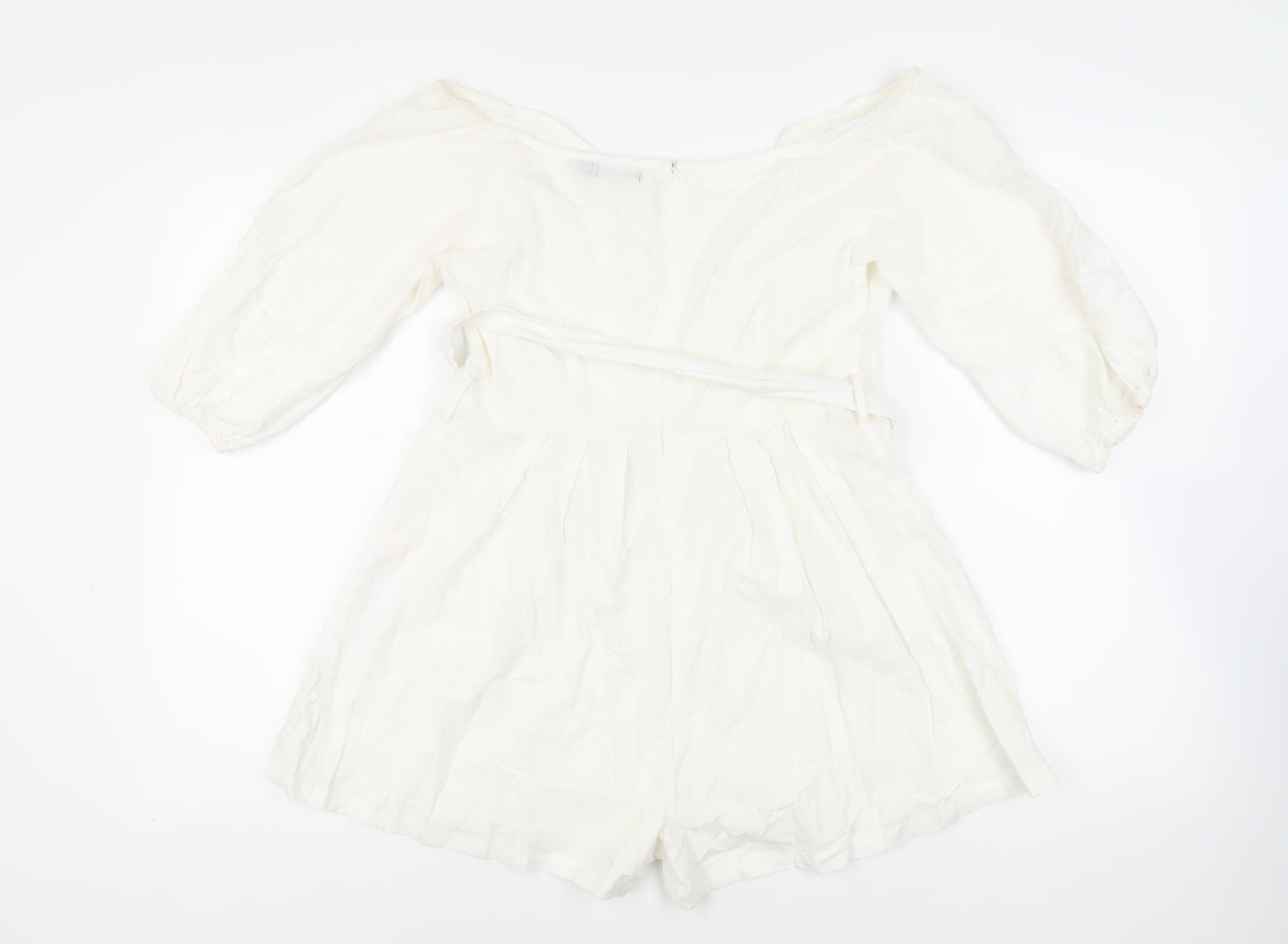 Boohoo Womens White Cotton Playsuit One-Piece Size 12 Zip - Belted