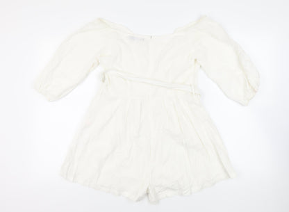 Boohoo Womens White Cotton Playsuit One-Piece Size 12 Zip - Belted