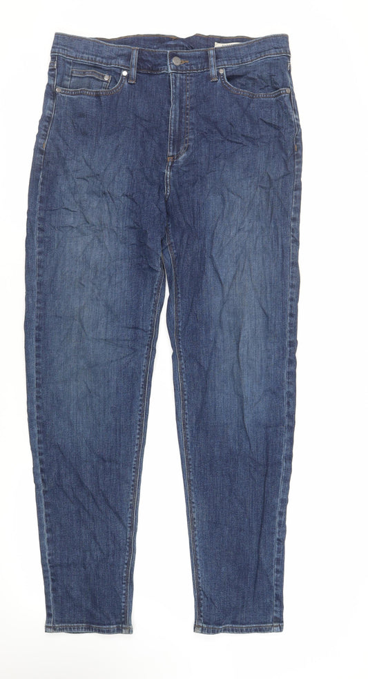 Marks and Spencer Mens Blue Cotton Tapered Jeans Size 34 in L33 in Regular Zip