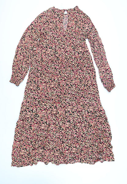 H&M Womens Black Floral Viscose A-Line Size M Round Neck Button