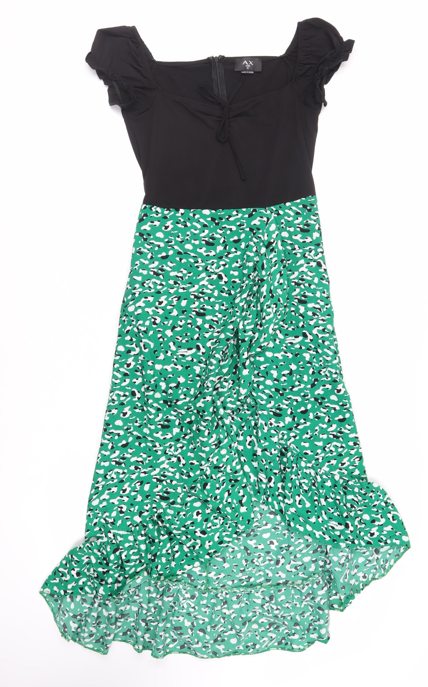 AX Paris Womens Green Animal Print Polyester Fit & Flare Size 10 Boat Neck Zip - Ruffle